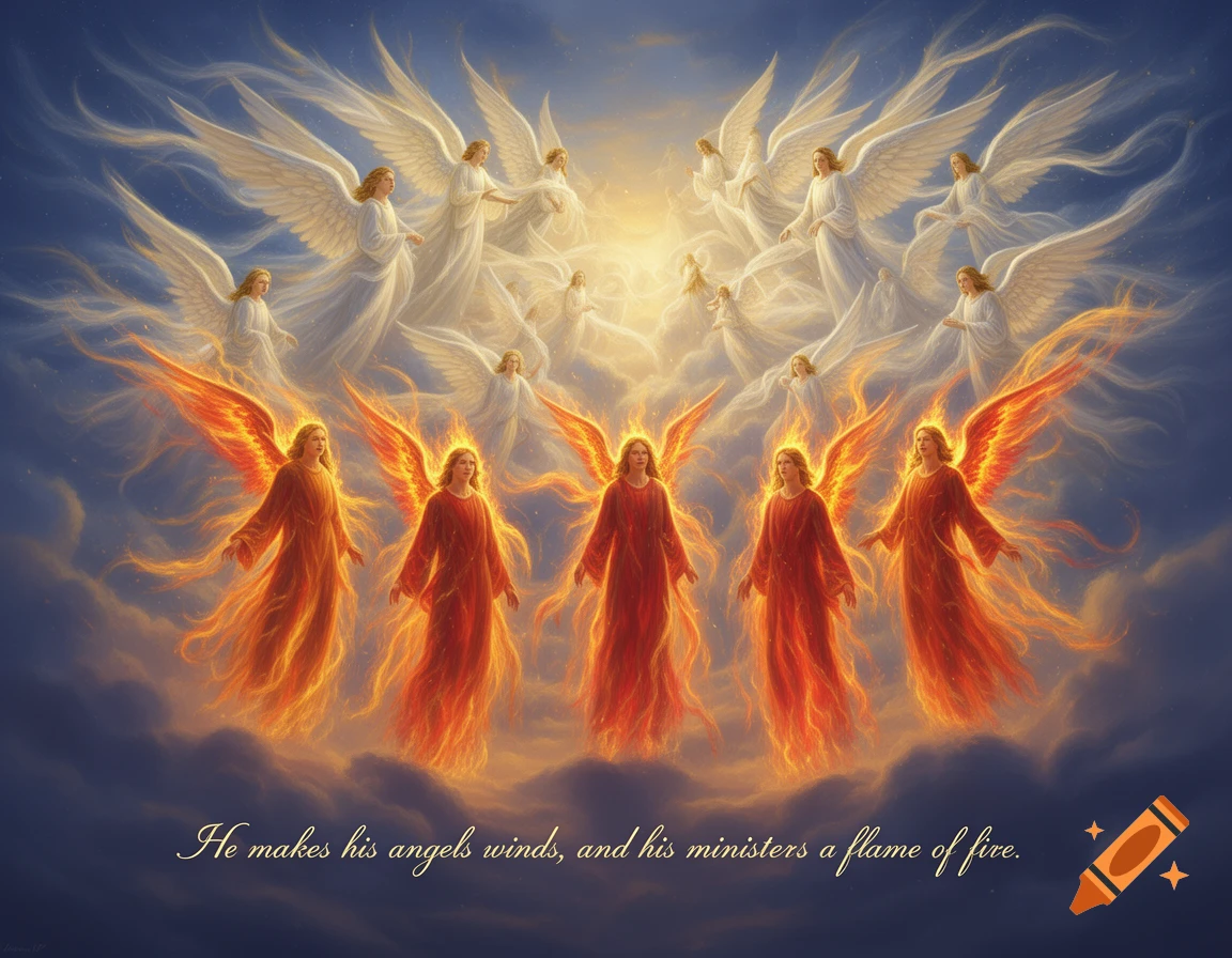 Angels with white and fiery wings soar through a cloudy, golden-lit sky, with a scripture quote at the bottom.