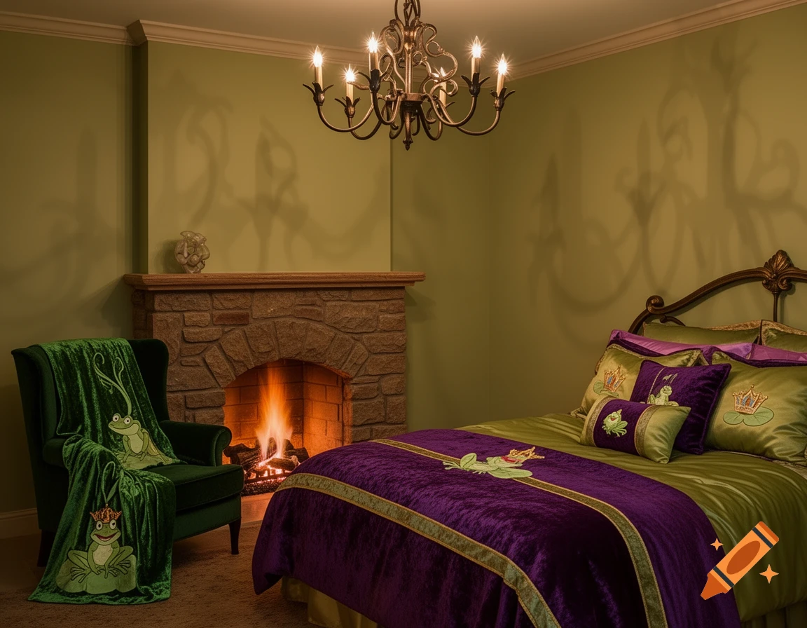 A charming bedroom with green walls, a stone fireplace with a fire, a bed with green and purple frog-themed bedding, and a green armchair with a frog blanket.