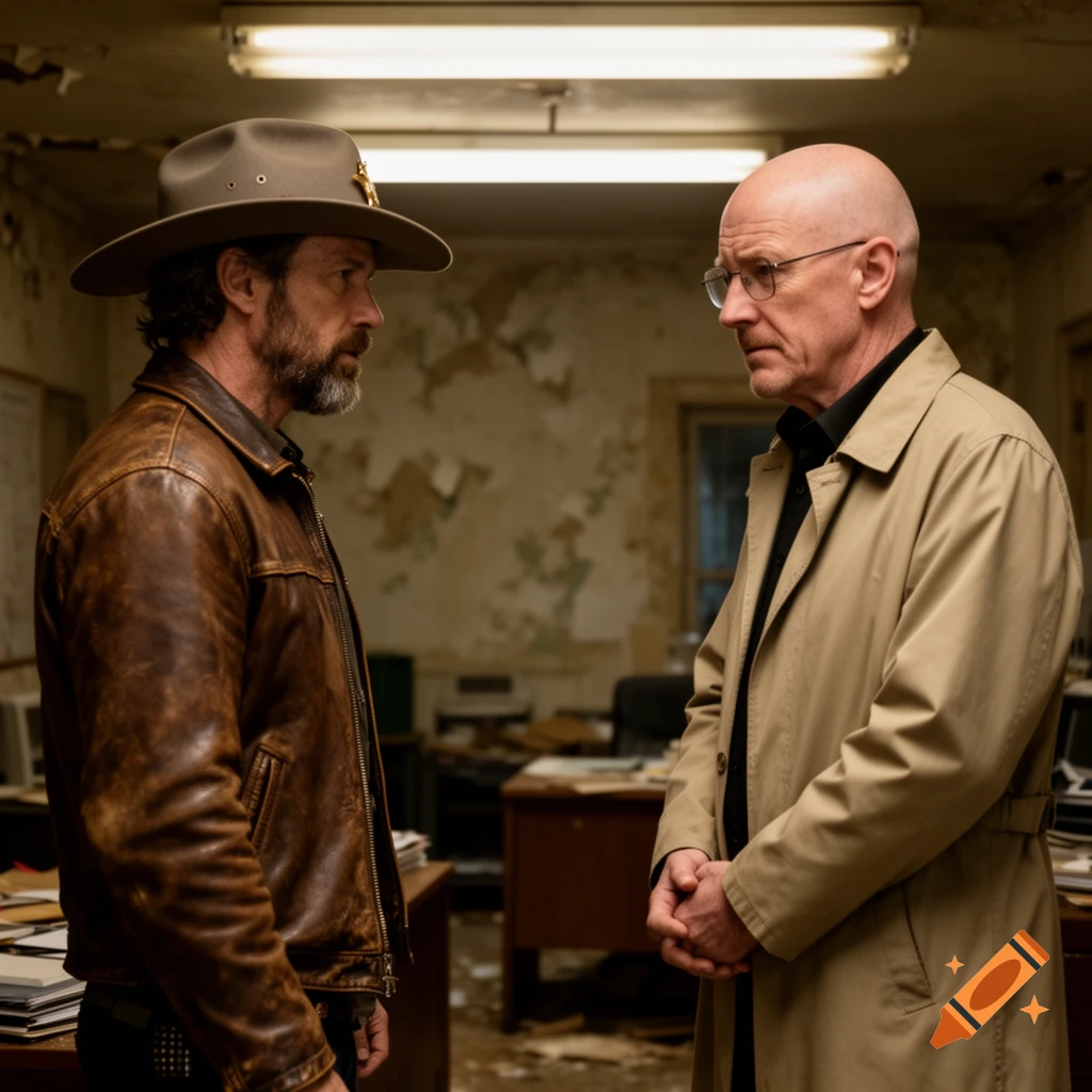 Two men, one in a cowboy hat and leather jacket and another in a trench coat, face each other in a rundown room.