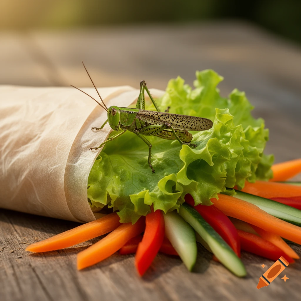 A close-up of a green grasshopper on a fresh vegetable wrap, with carrots, bell peppers, and cucumber sticks.
