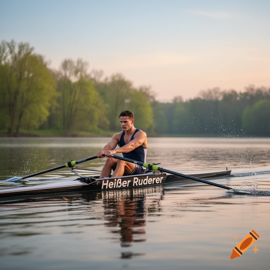 A man rows a scull on a calm lake with lush green trees in the background under a clear sky.
