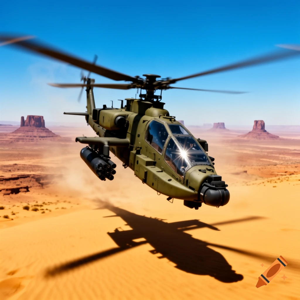 A military helicopter flies low over a sandy desert landscape with towering mesas under a clear blue sky.