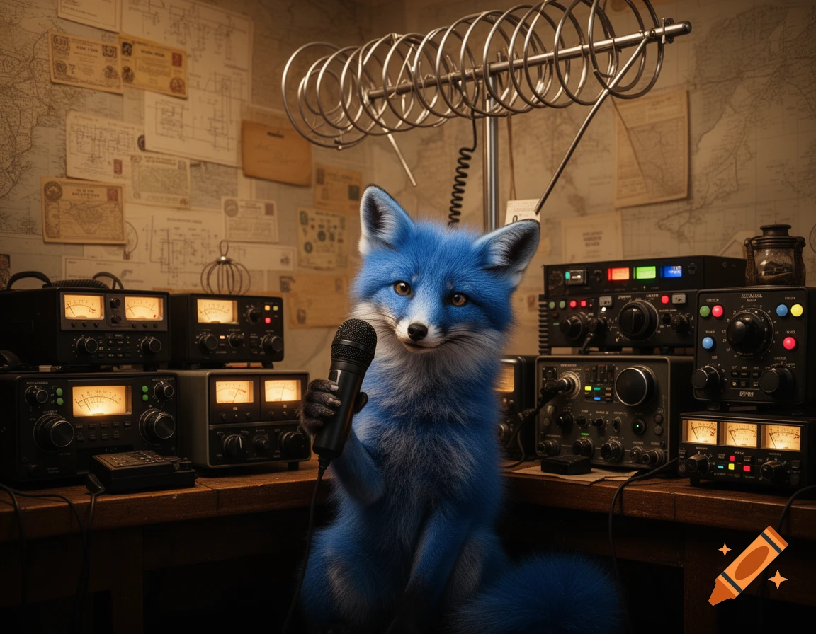 A fluffy blue fox sits among CB radio equipment, holding a microphone in its paw, in a cluttered radio operator's room.