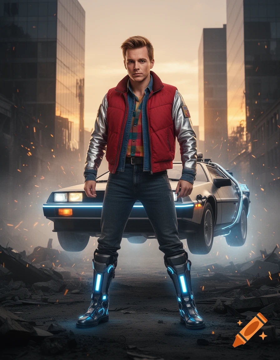 A man in a red vest and futuristic glowing boots stands confidently in front of a hovering DeLorean in a ruined, futuristic city at sunset.
