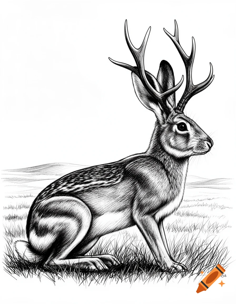 Black and white drawing of a jackalope in profile, sitting in grass with hills in the background.