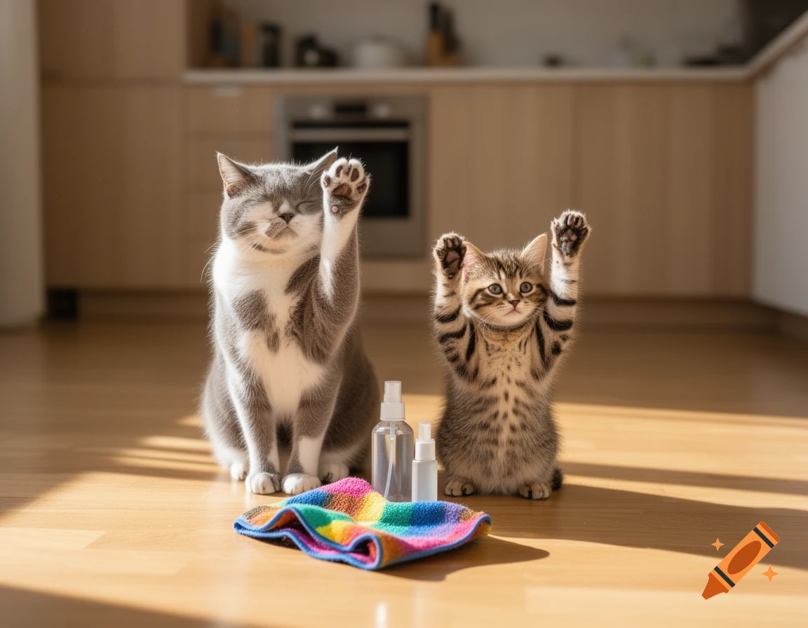An adult cat and a kitten sit on a wooden floor with raised paws next to spray bottles and a colorful cloth in a sunlit kitchen.