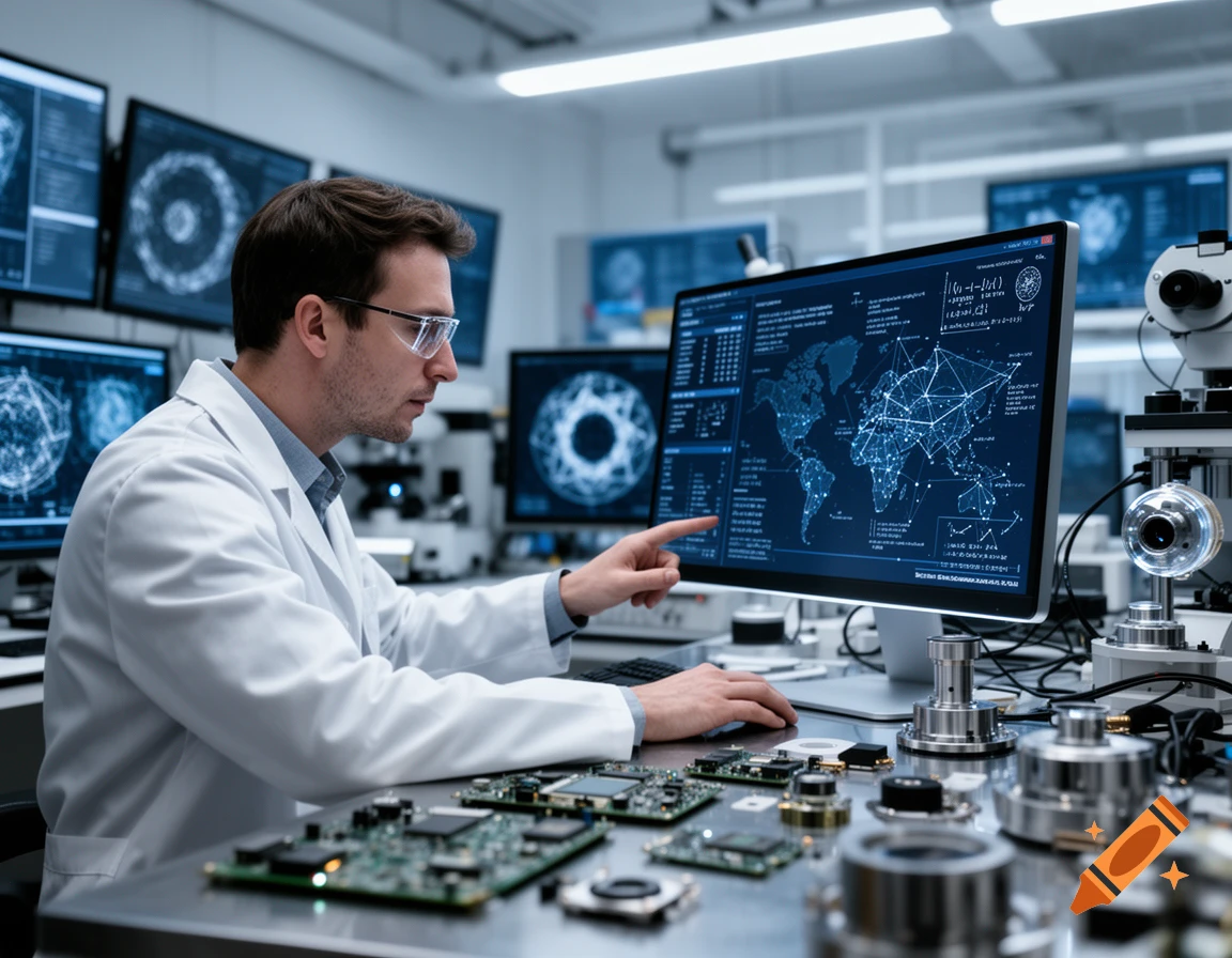 A male scientist in a lab coat and safety glasses points at a computer screen displaying a world map with connected data points, surrounded by circuit boards and lab equipment.