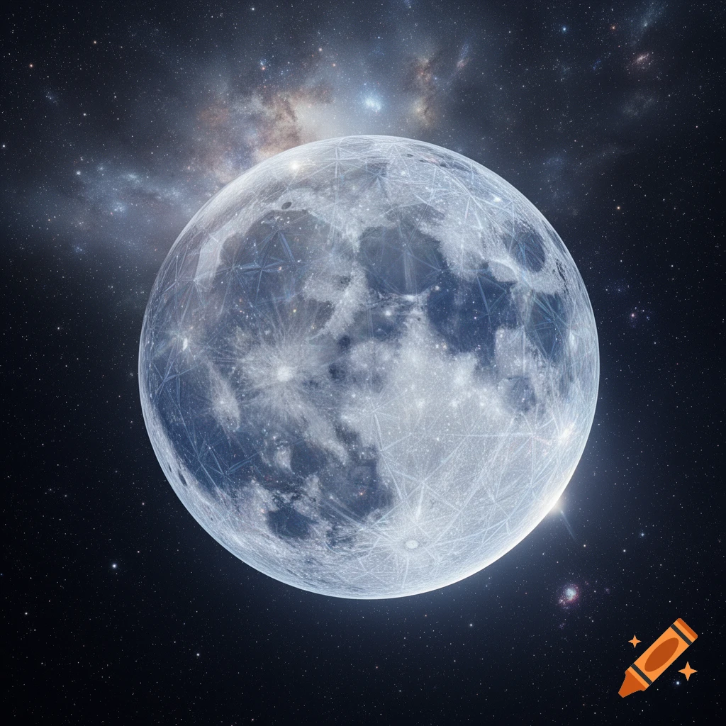 A full moon with a detailed, translucent glass-like texture floats in deep space among stars and nebulae.