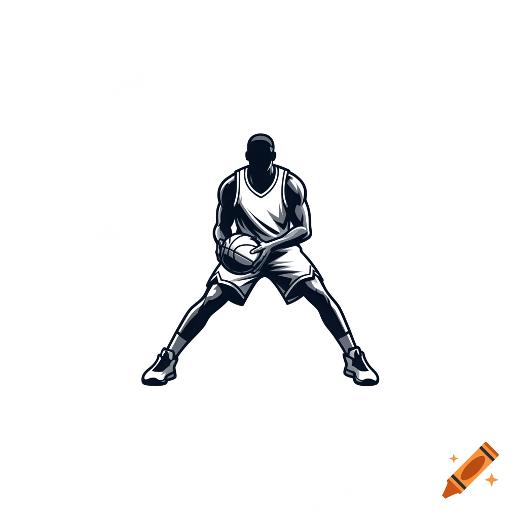 Outline illustration of a basketball player in a defensive stance, holding a ball.