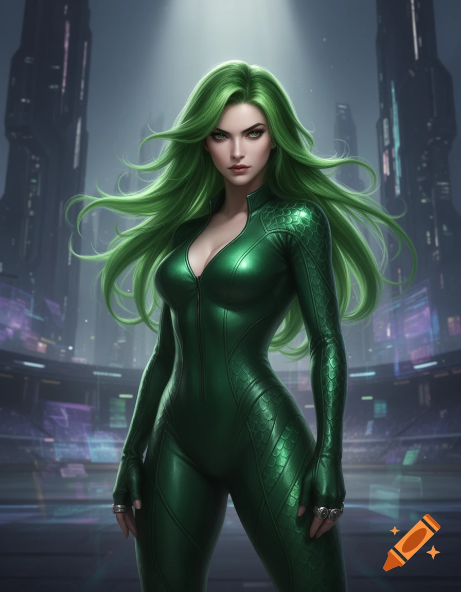 A powerful woman with long green hair and a shiny, tight green scaly jumpsuit stands in a futuristic city setting.