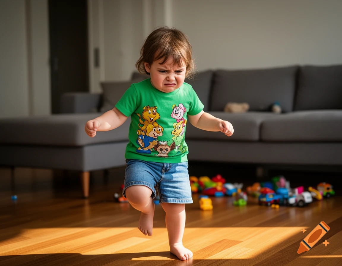 A frustrated toddler with brown hair, wearing a green cartoon t-shirt and denim shorts, walks barefoot on a wooden floor in a sunlit living room.