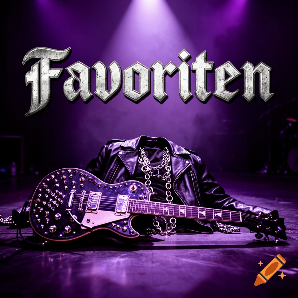 A black studded electric guitar and a leather jacket with chains lie on a dark stage under purple spotlights, with the word 'Favoriten' in a gothic font above.