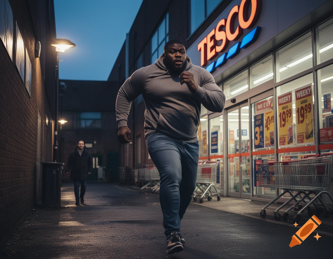 A muscular man in a grey hoodie and jeans runs past a Tesco supermarket with shopping carts outside at dusk, while another person walks in the background.