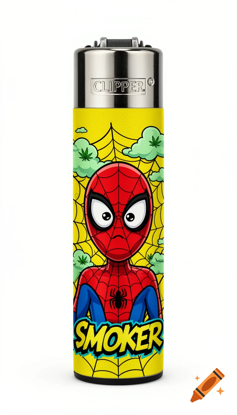 A cartoon Clipper lighter featuring a dazed Spider-Man parody, cannabis leaves, spider webs, and the word 'SMOKER' on a yellow background.