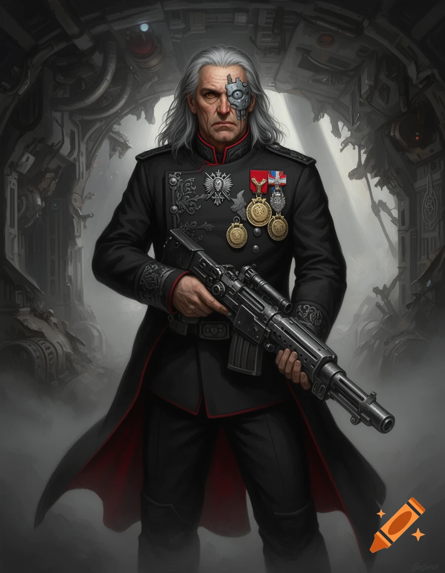 A stern, grey-haired man in a black military-style greatcoat with medals and a cybernetic left eye, holding a rifle in a dark, industrial setting.