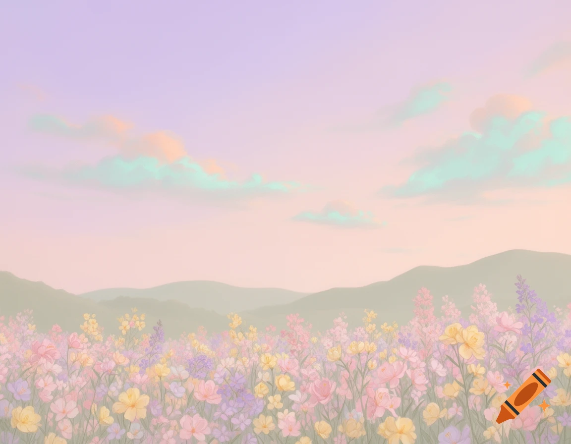 A soft pastel illustration of a field of colorful wildflowers with rolling hills and a cloudy sky in the background.