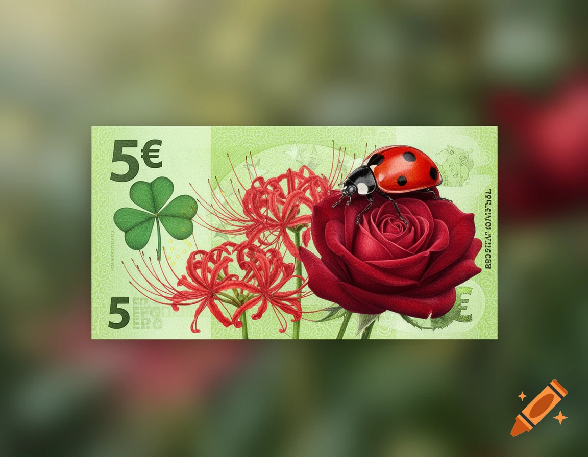 A vibrant green 5 Euro banknote featuring a lucky clover, red spider lilies, and a ladybug perched on a red rose, against a blurred green background.