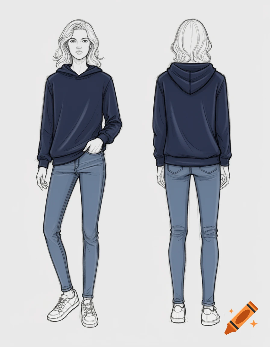 Front and back fashion illustration of a woman in a navy hoodie, blue jeans, and white sneakers.