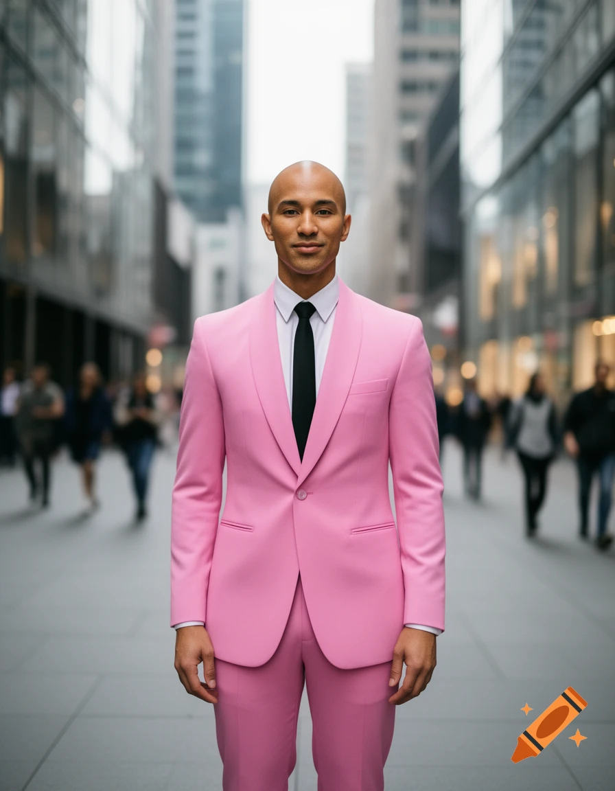 A bald man in a vibrant pink suit and black tie stands in the middle of a bustling city street, looking at the camera.