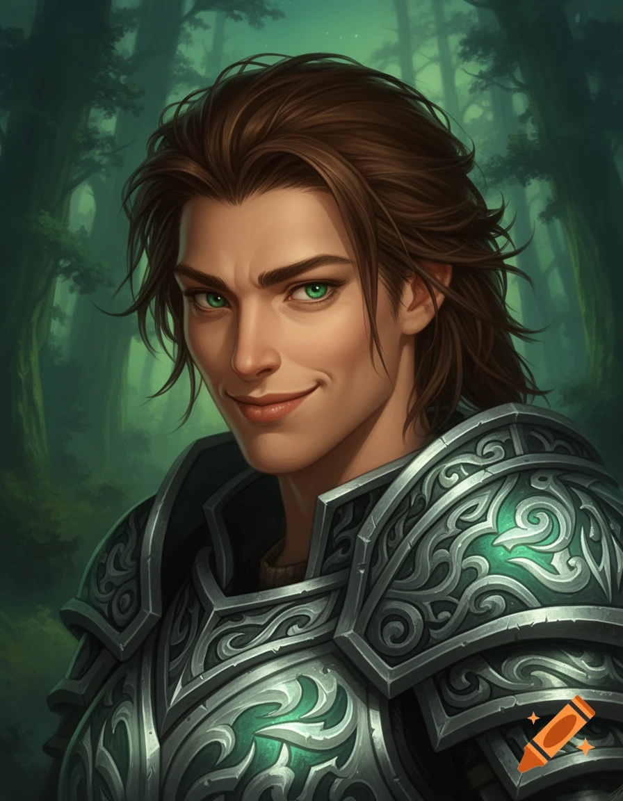 Portrait of a man with brown hair and green eyes, wearing ornate silver and green fantasy armor, smiling gently in a forest.