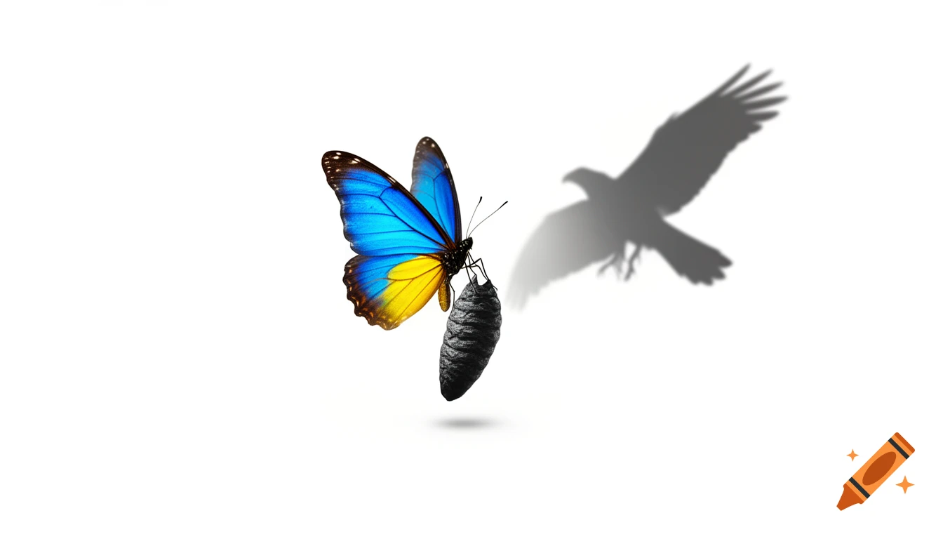 A minimalist illustration of a blue and yellow butterfly emerging from a dark chrysalis, with the shadow of a bird of prey.