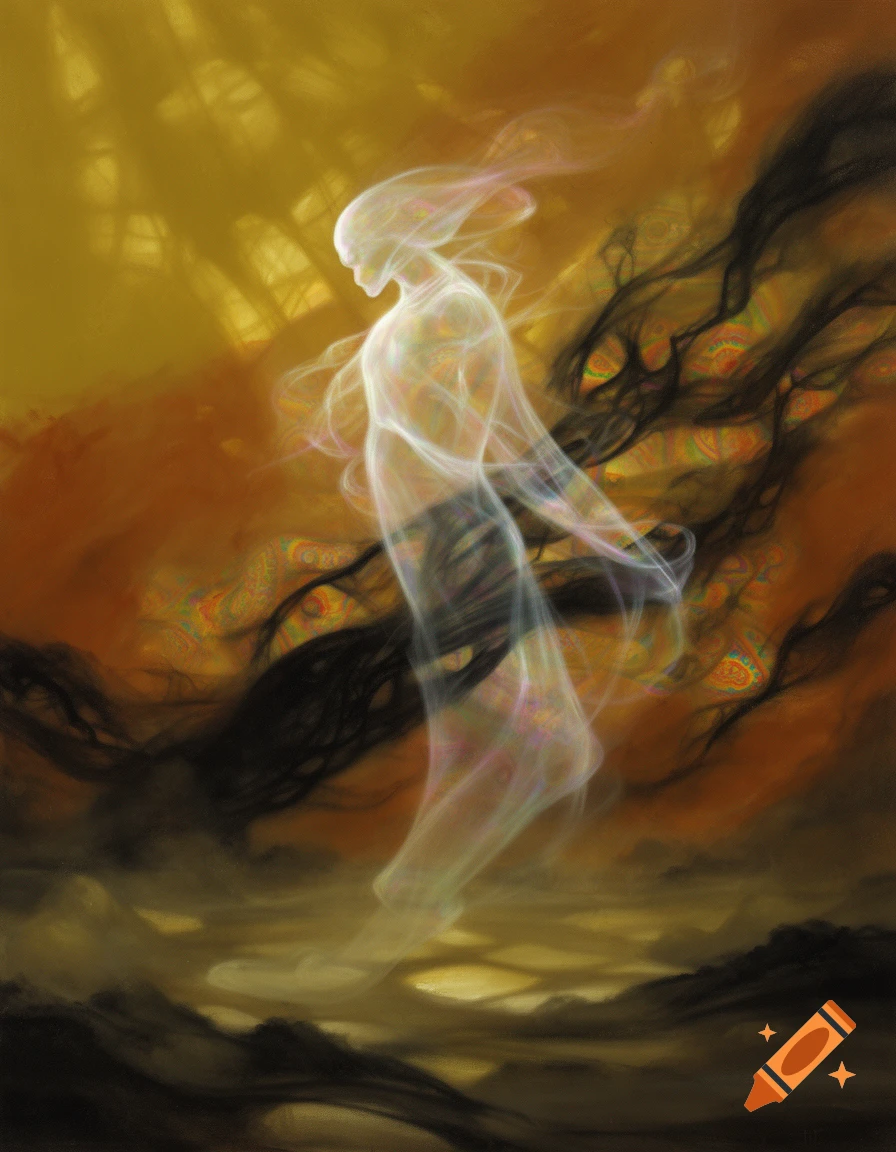 Ethereal, glowing ghost-like figure floats amidst abstract, psychedelic swirls of mustard yellow, rust orange, and black.