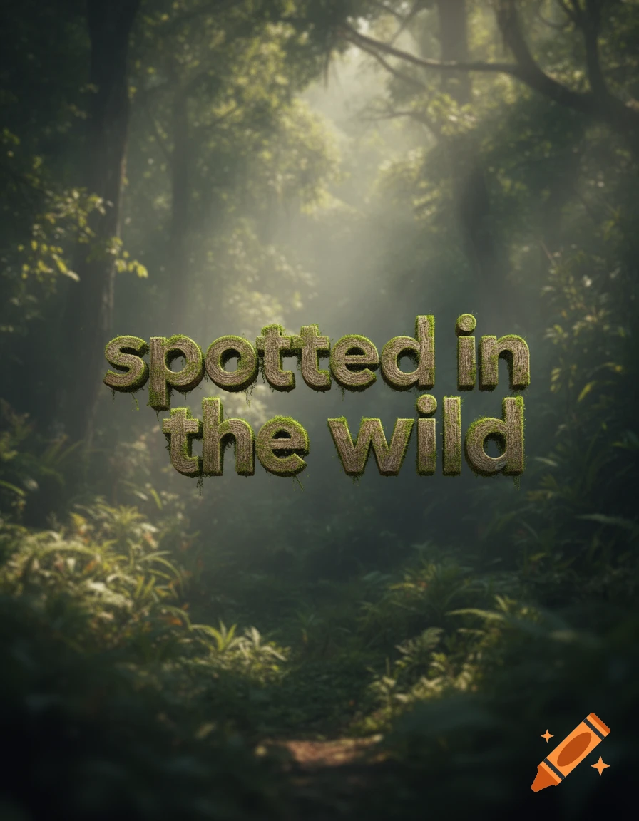 The words 'spotted in the wild' with a mossy texture, set against a lush, misty forest background with light filtering through trees.