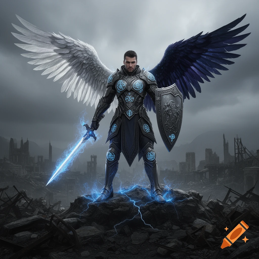 A male warrior angel with one white and one black wing, in black armor with blue glowing symbols, holds a glowing sword and shield amidst ruins.