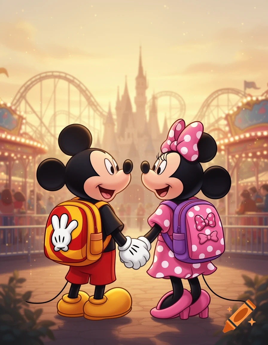 Cartoon Mickey and Minnie Mouse in a theme park, holding hands and wearing backpacks, with a castle and roller coaster in the background.