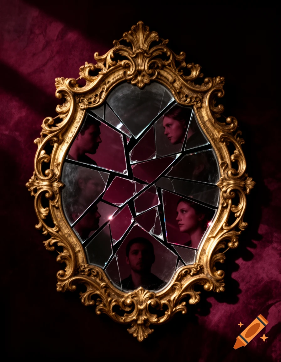 Ornate gold baroque mirror shattered into pieces, reflecting partial male and female faces on a rich burgundy background in a dark, moody style.