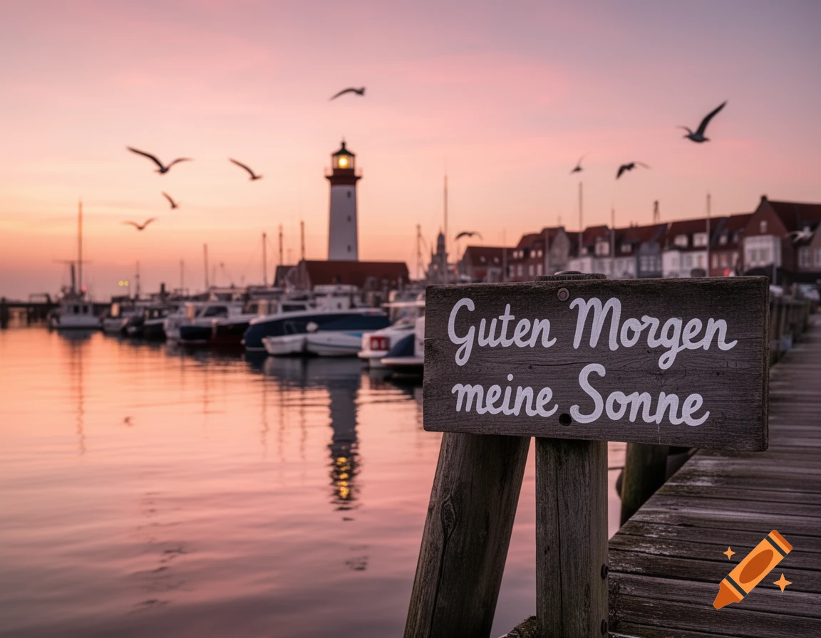 Photorealistic harbor scene at sunrise/sunset with a lighthouse, boats, and a wooden sign on a pier reading 'Guten Morgen meine Sonne'.