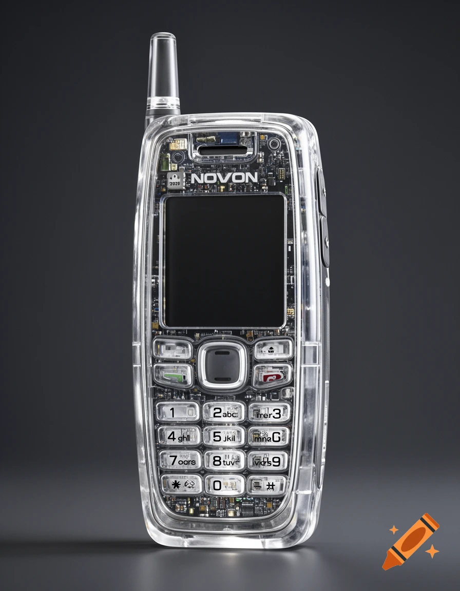 A transparent retro-futuristic feature phone with visible internal circuitry and a black screen, branded "NOVON" with a "2026" detail.