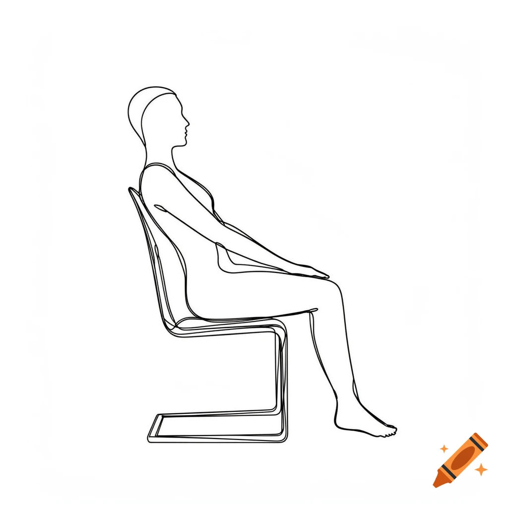 A simple black and white line drawing of a person sitting upright in a chair, viewed in profile.