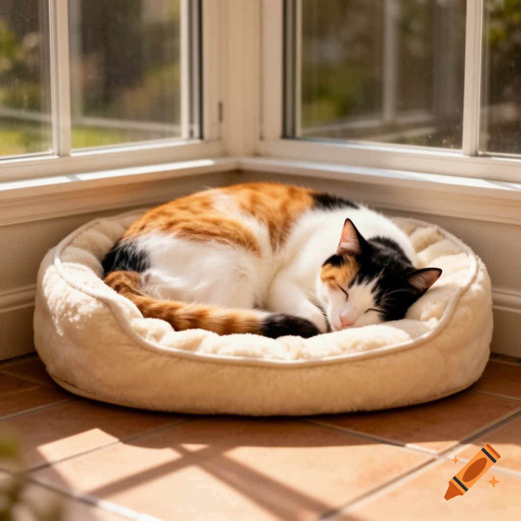 A calico cat sleeps curled up in a soft beige pet bed on a tiled floor, bathed in sunlight from a nearby window.