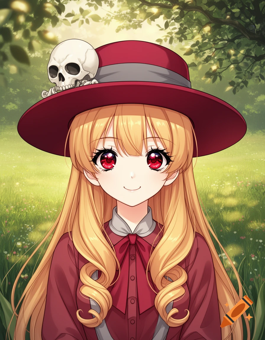 An anime girl with long blonde hair, bright red eyes, a red hat adorned with a skull, and a red dress, set against a green, blurry outdoor background.
