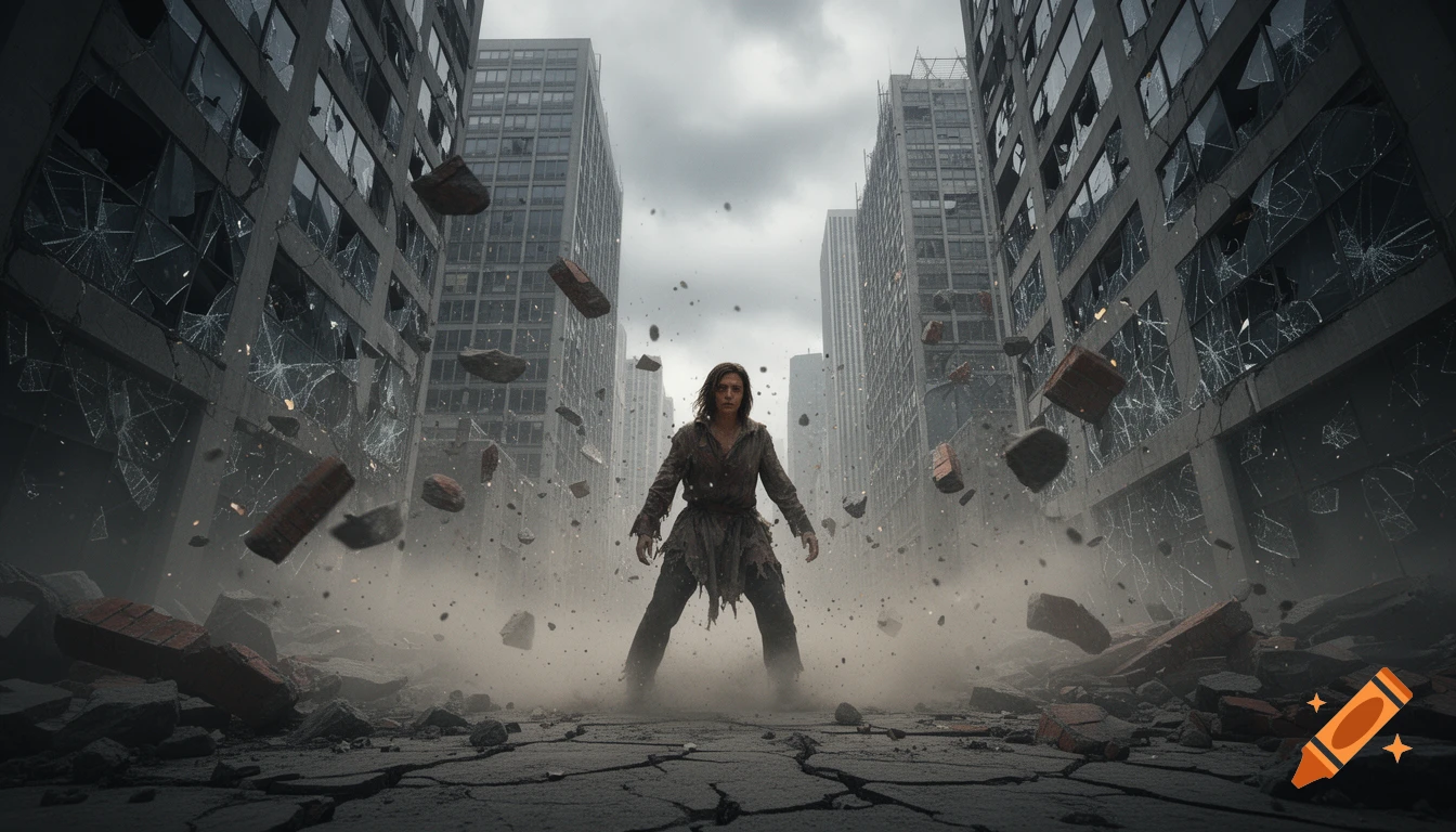 A lone person stands defiantly in the center of a devastated city street as buildings crumble and debris flies around them.