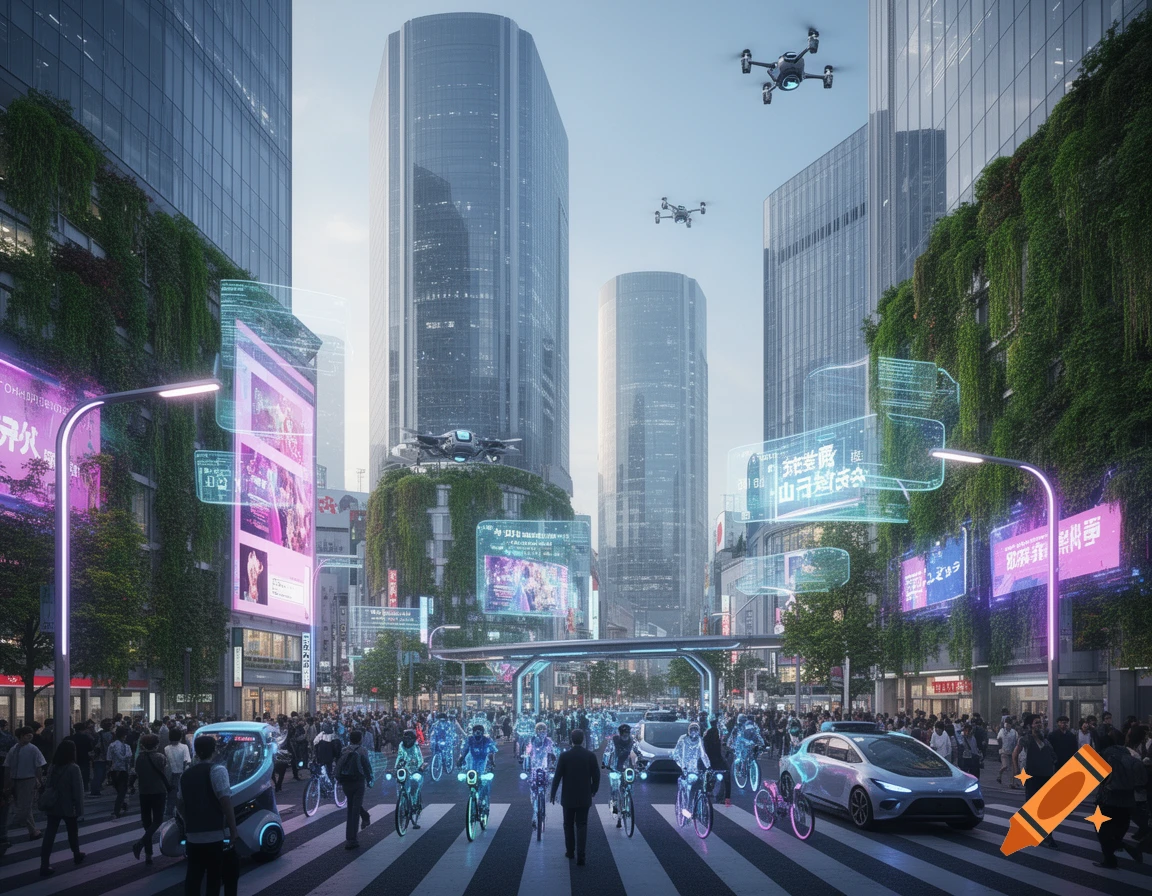 A futuristic cityscape with tall buildings covered in green vines, glowing holographic displays, people walking and cycling, autonomous vehicles, and drones flying overhead. Photorealistic style.