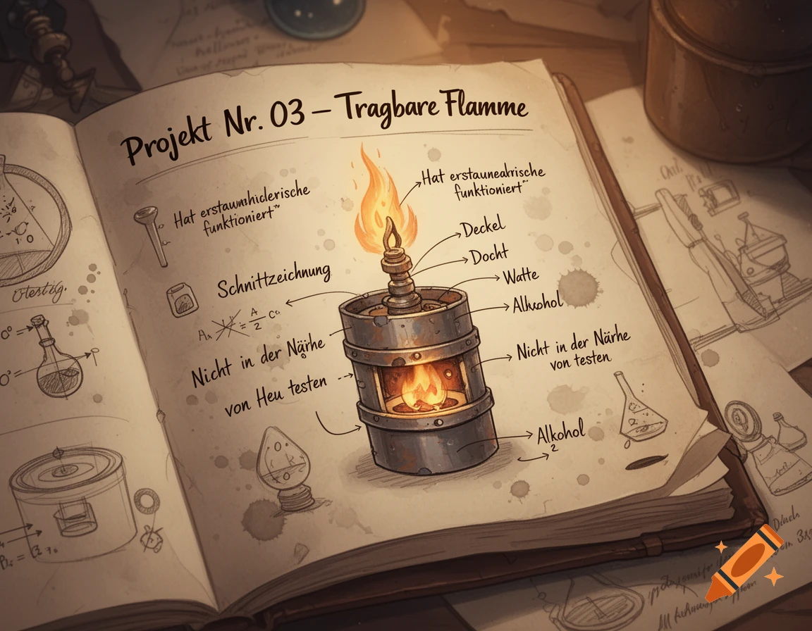 An old open notebook with a detailed diagram of a "Portable Flame" device, featuring text labels and handwritten notes in German, in a vintage illustration style.