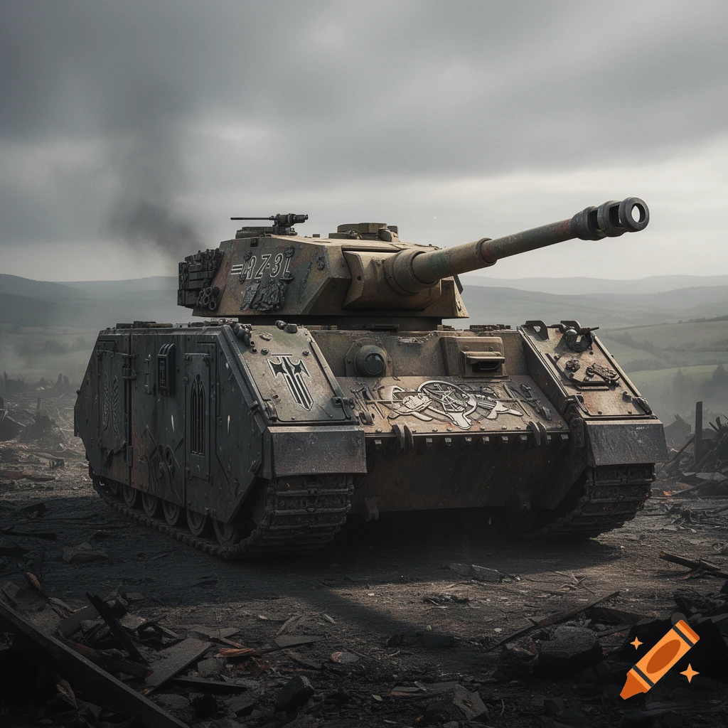 A heavily armored, imposing Warhammer tank, resembling a WWII Tiger tank, stands on a debris-strewn battlefield under a stormy sky.