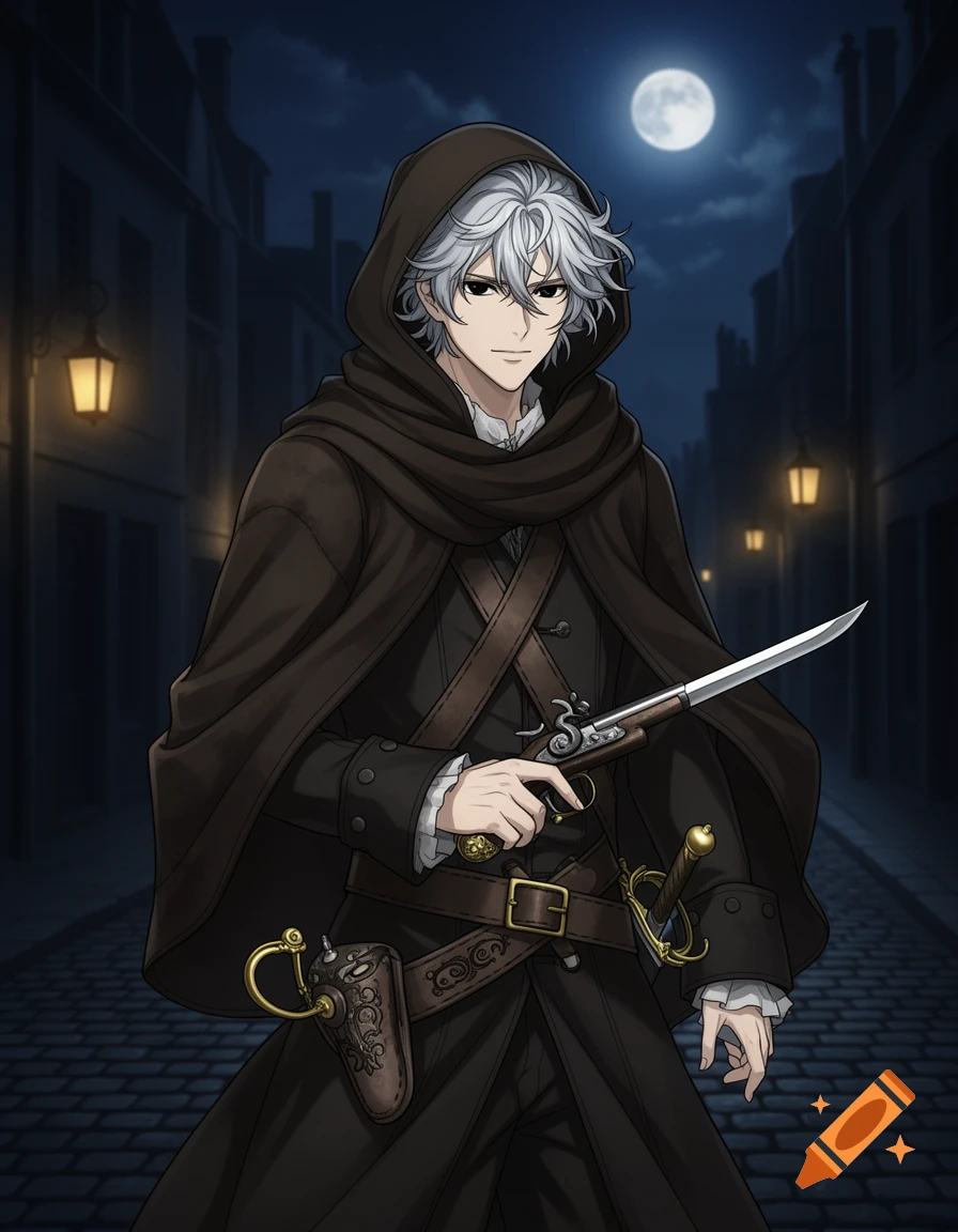 Anime-style man with white hair and black eyes in a brown hooded robe, holding a pistol and sword, standing in a dark alley under a full moon.
