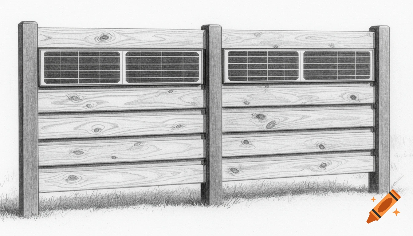 A realistic pencil drawing of a wooden fence with several integrated solar panels on its upper section, set in grass.