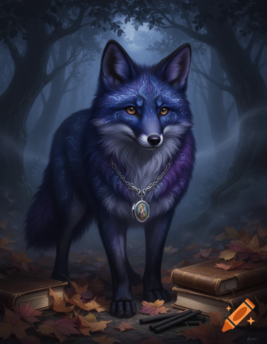A mystical blue and purple fox-wolf hybrid with glowing eyes and intricate markings, wearing a locket, in a dark forest with autumn leaves, books, and drawing charcoal.