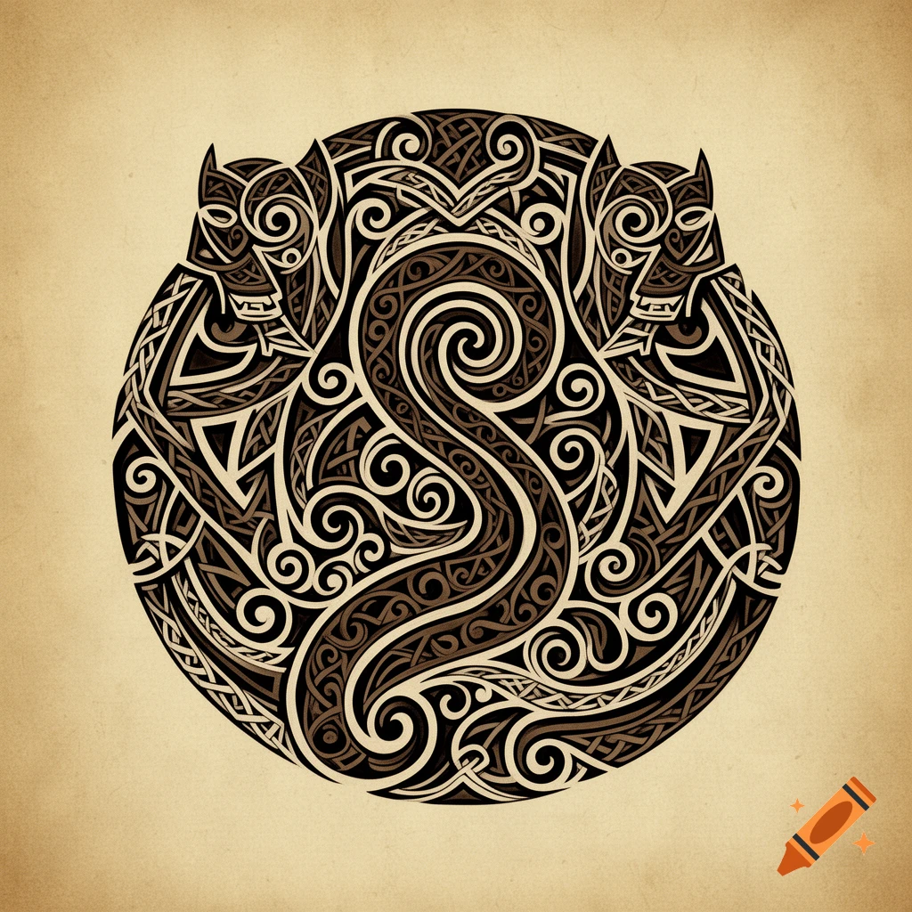 A circular, intricate tribal design resembling Celtic knots, rendered in dark brown and beige on a textured parchment-like background.