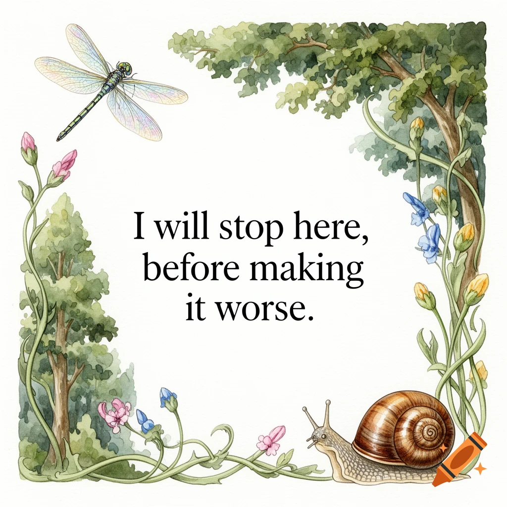 A watercolor illustration with the text 'I will stop here, before making it worse.', bordered by trees, vines, flowers, a dragonfly, and a snail.