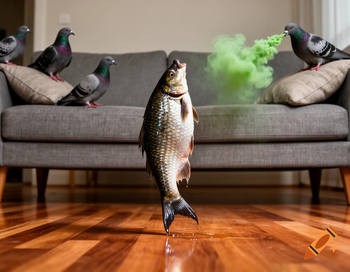 A surreal, photorealistic image of an upright fish on a wooden floor with pigeons on a sofa, one emitting green smoke.