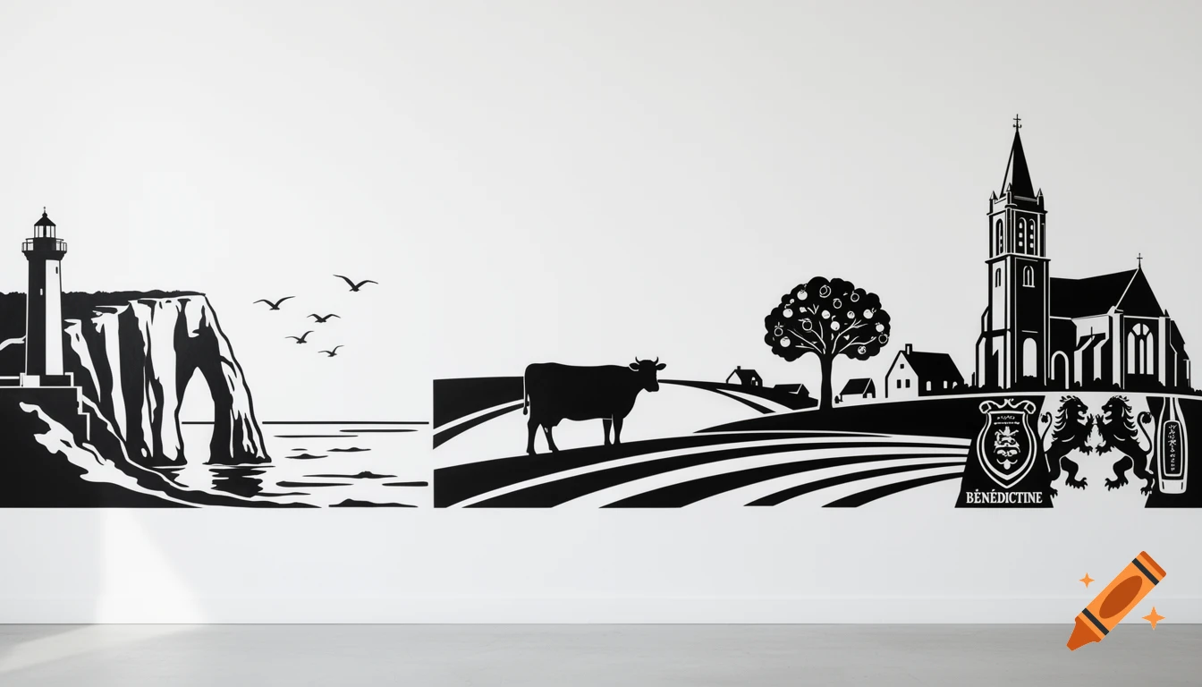 A black and white panoramic stencil mural featuring the Étretat cliffs and lighthouse, a cow in a rolling countryside with an apple tree and farmhouses, and a Norman church with heraldic lions and a Bénédictine bottle, all on a white wall.