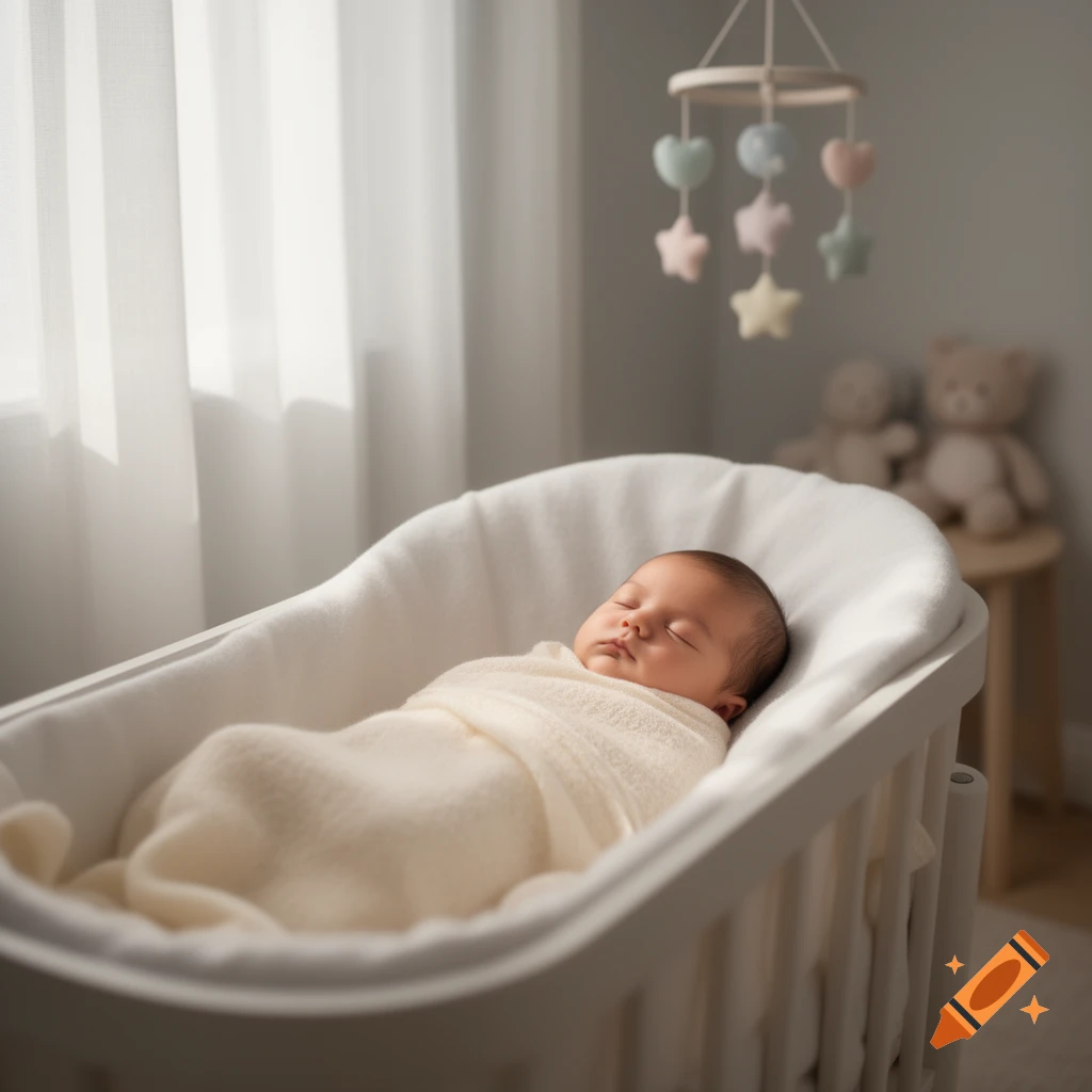 A newborn baby peacefully sleeps swaddled in a white crib, with a pastel mobile hanging overhead and two blurred teddy bears in the background.