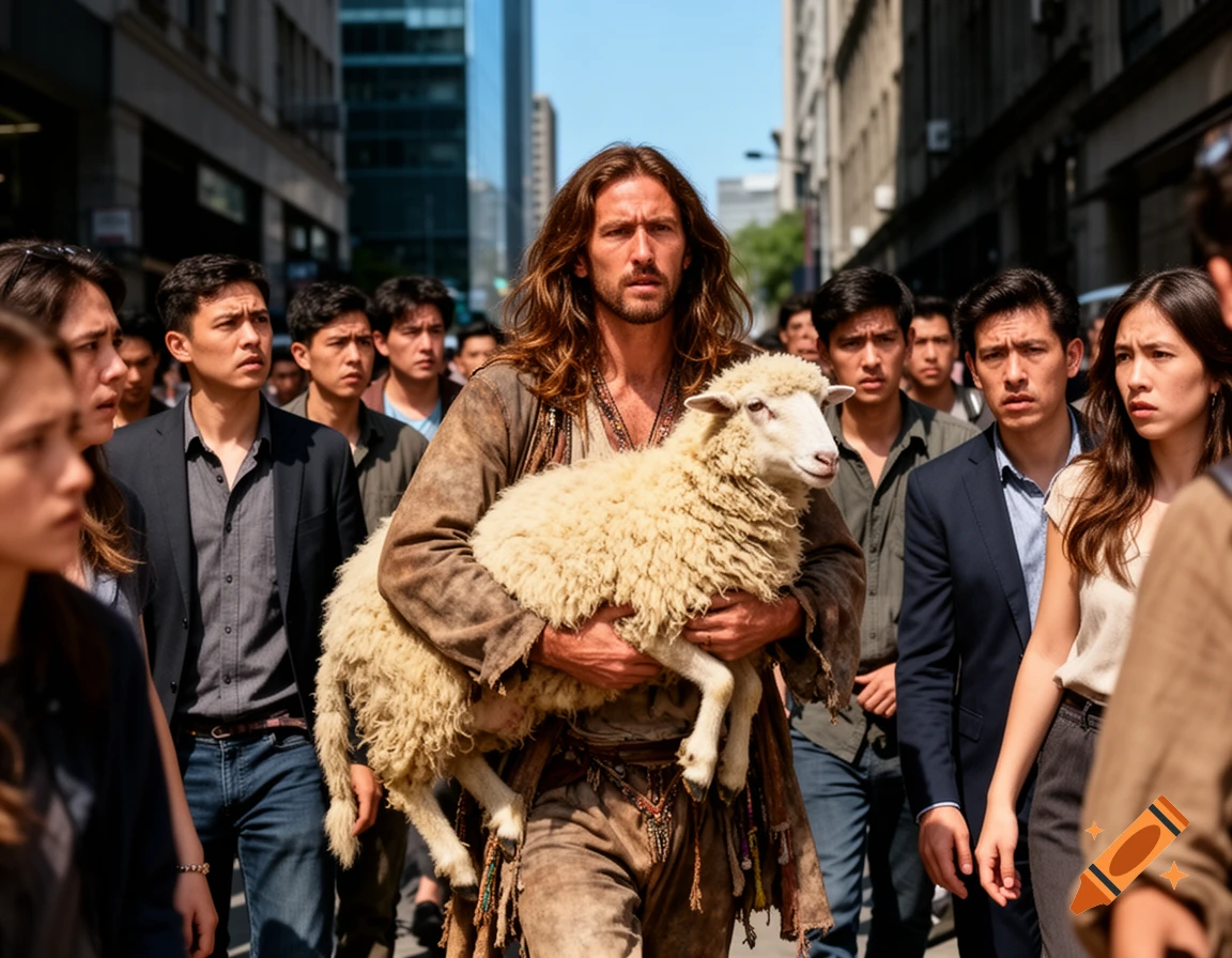 A long-haired man in rustic clothing holds a sheep, walking through a diverse city crowd who look at him with confusion and skepticism.
