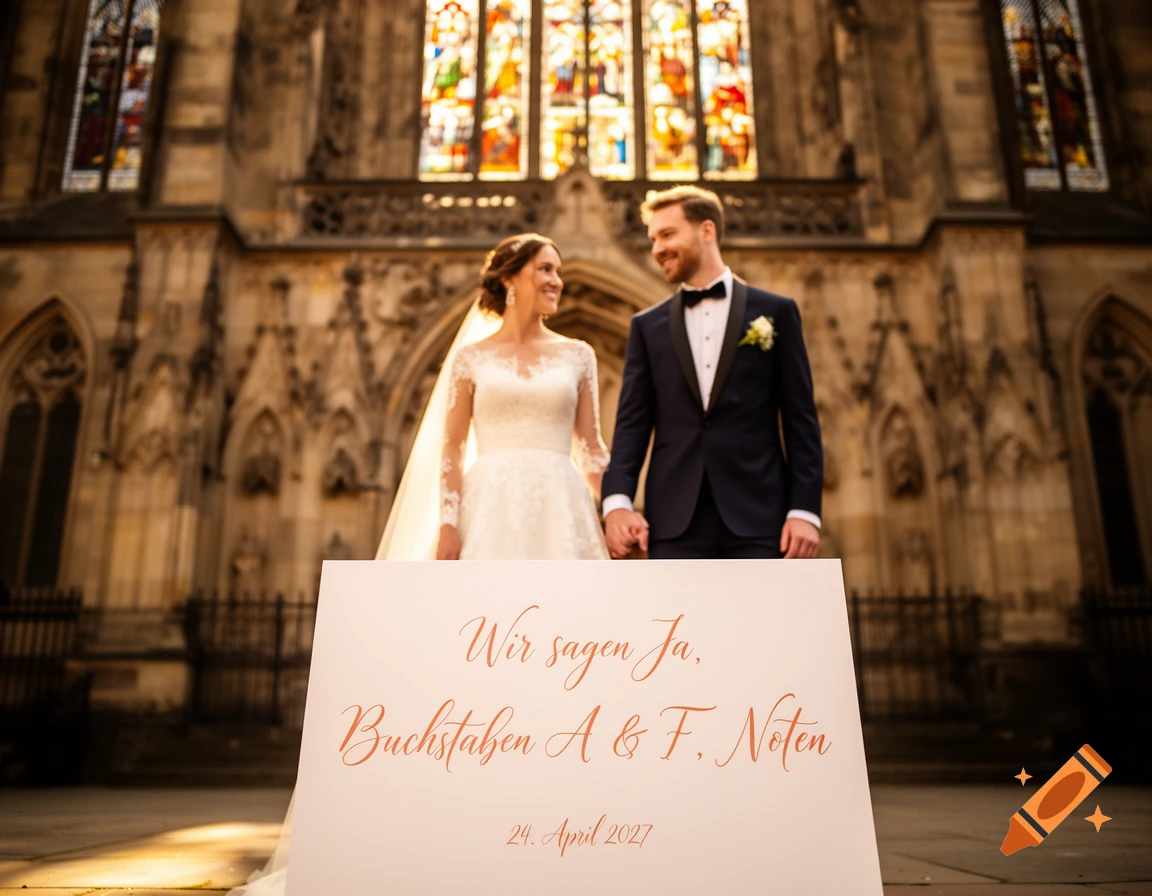 A smiling newlywed couple holding hands in front of a grand Gothic church with stained glass, a sign with German text below them.