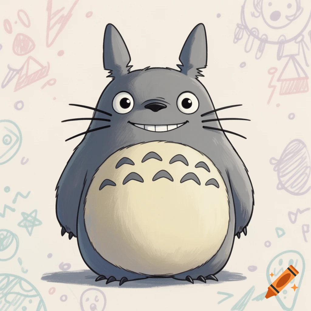 A cartoon Totoro character, gray with a cream belly, smiles against a background of colorful scribbled doodles.